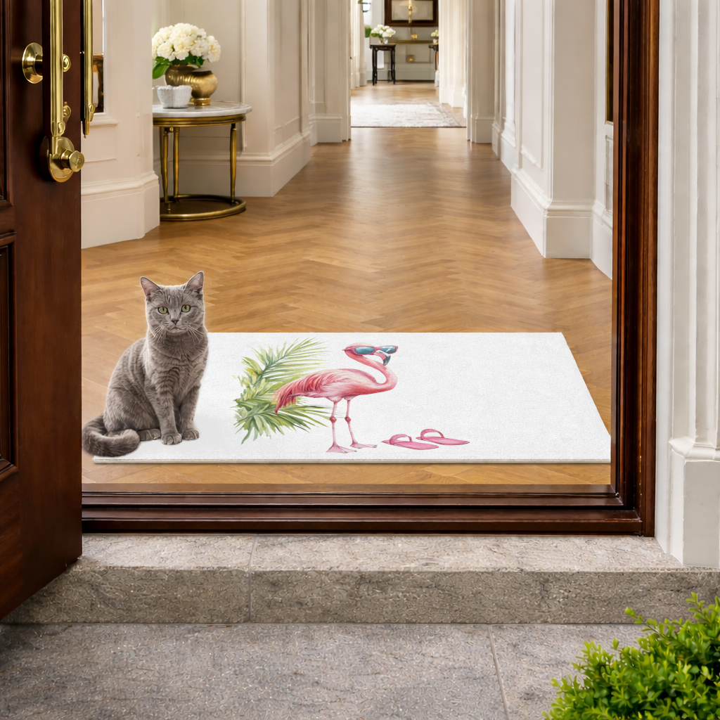 Güneş Gözlüklü Pembe Flamingo Kapı Önü Paspası