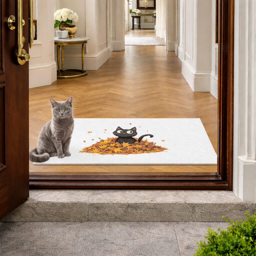 Cute Black Cat in Autumn Leaves Doormat
