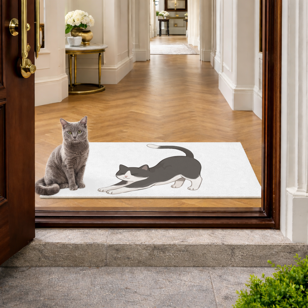 Stretching Tuxedo Cat Doormat