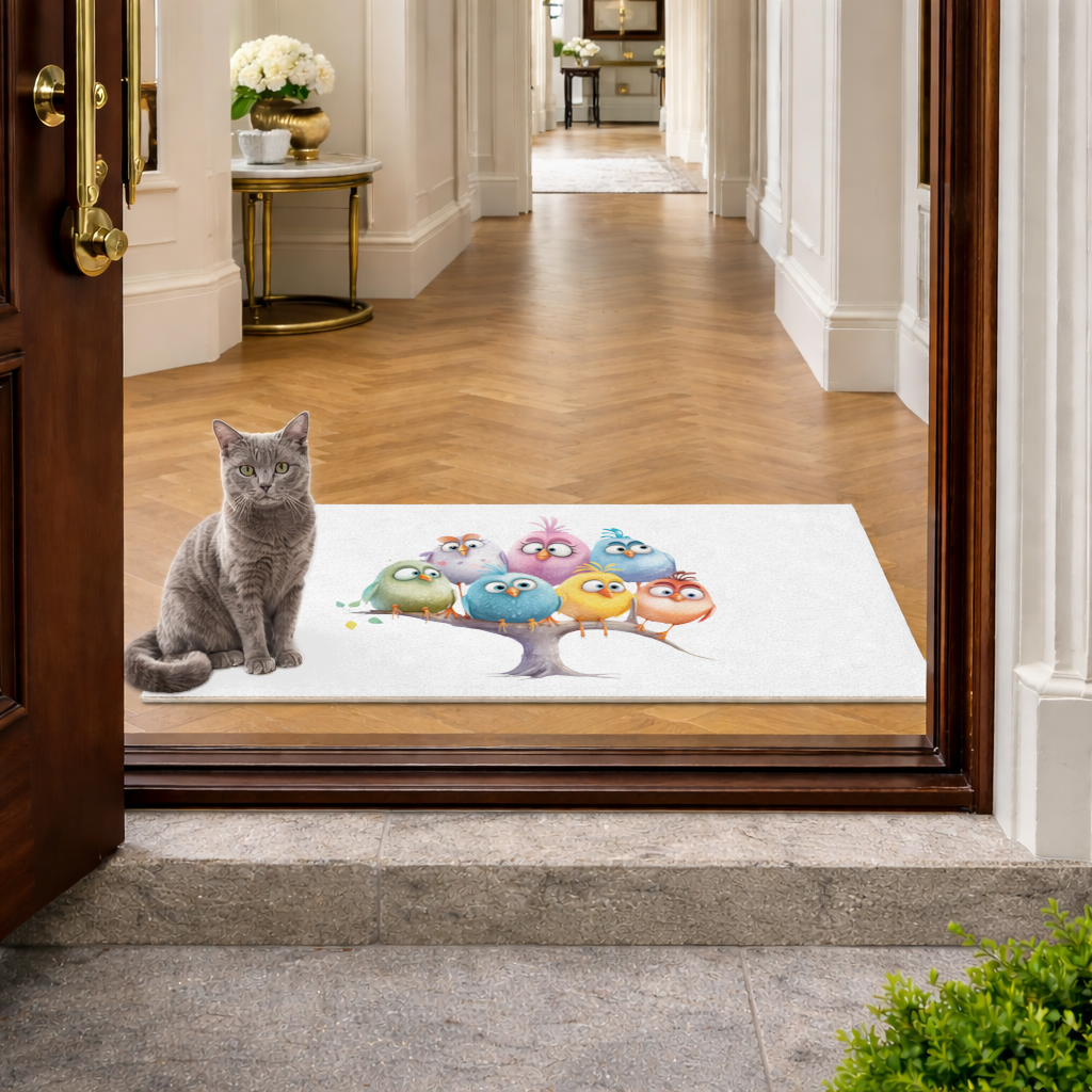Whimsical Colorful Birds on Branch Doormat