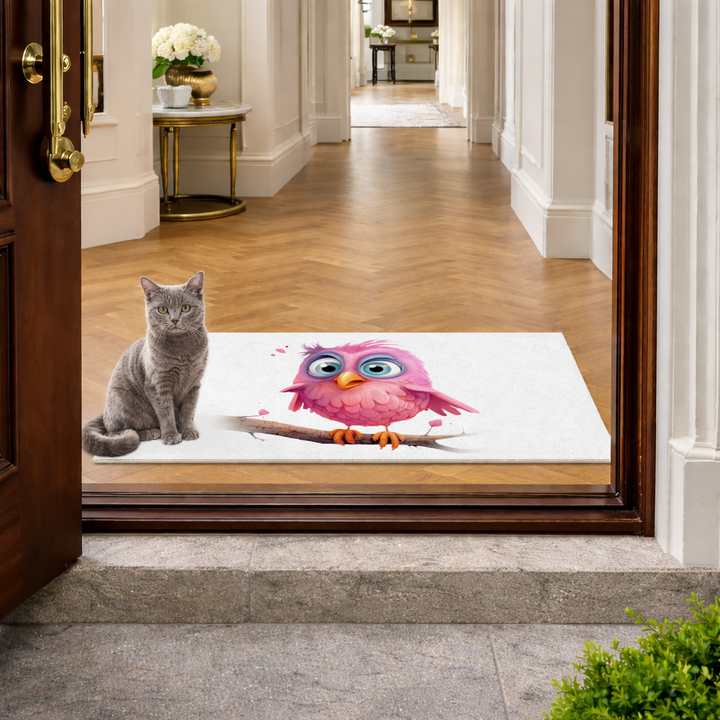 Cute Pink Bird with Large Blue Eyes Doormat