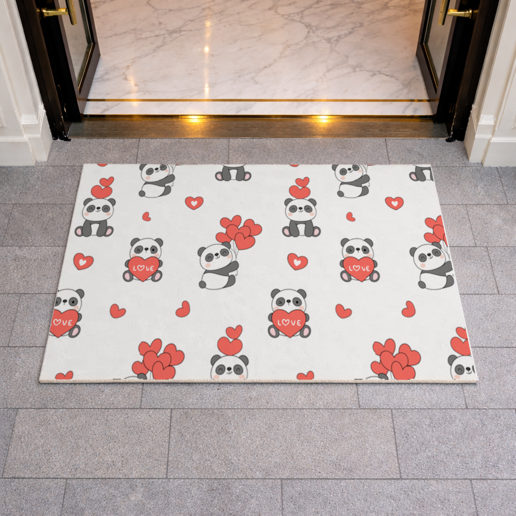 14 Şubat Sevimli Panda Kalp Desenli Aşk Tasarımı Kapı Önü Paspası