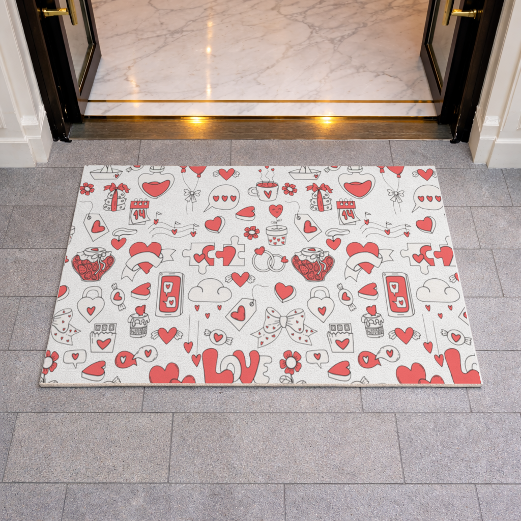 Valentines Day Doodle Love Heart Pattern Cute Design Doormat