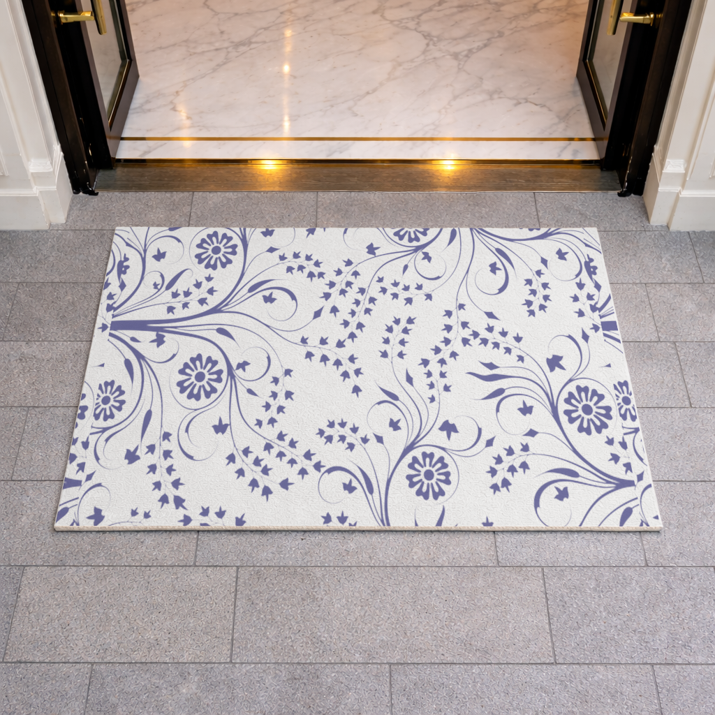 Blue White Vintage Floral Pattern Doormat