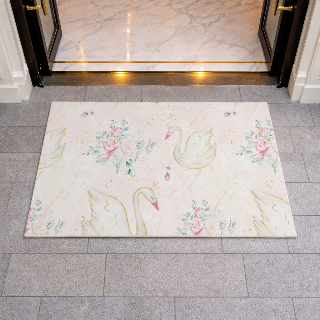 Pastel Watercolor Swan Floral Pattern Doormat