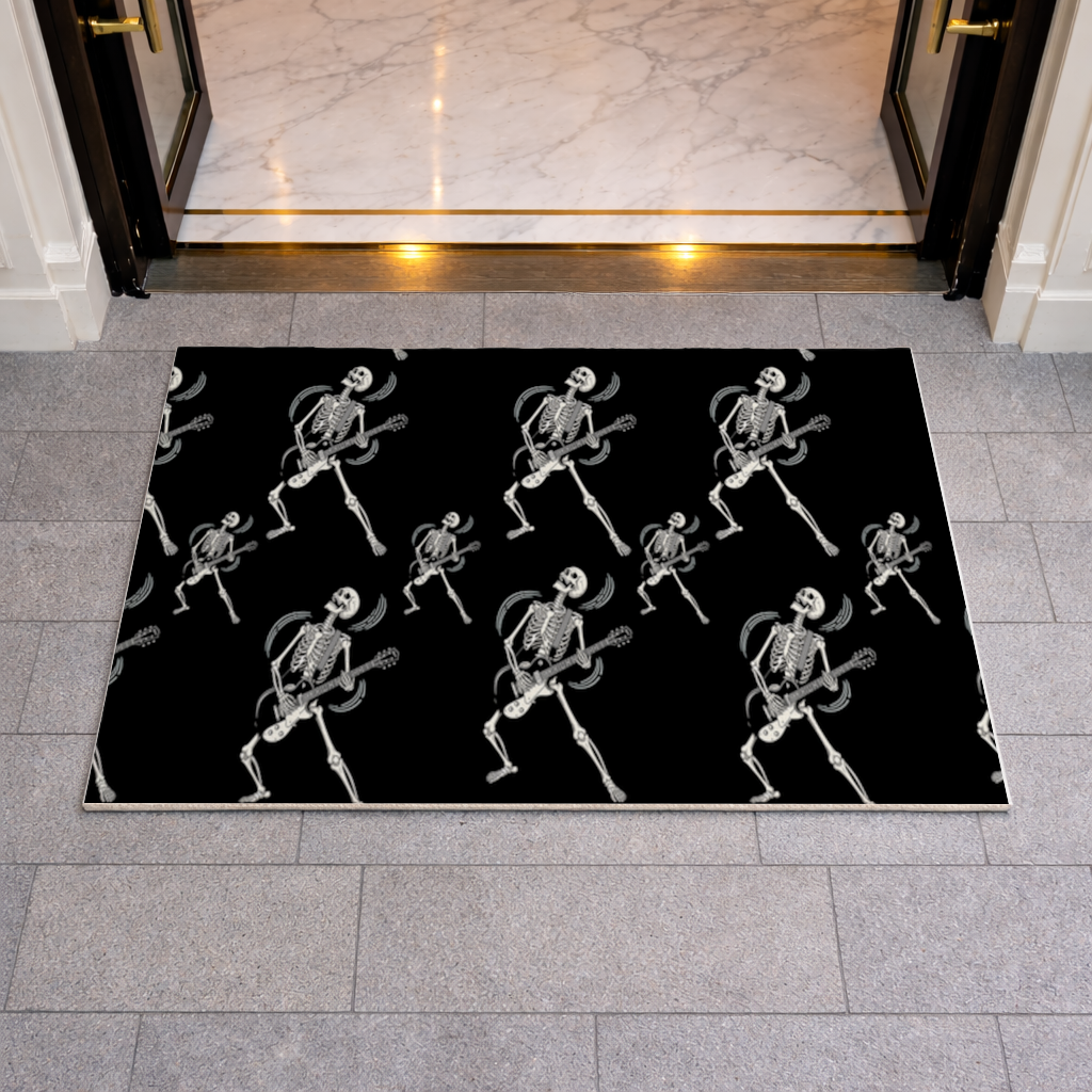 Rock Guitar Playing Skeleton Pattern on Black 