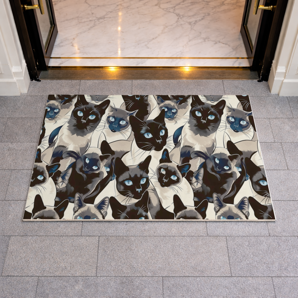 Mavi Gözlü Siyam Kedisi Desenli Şık İllüstrasyon Kapı Önü Paspası