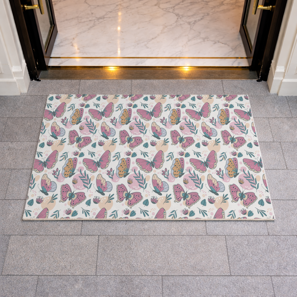 Pastel Butterflies and Botanical Leaves Seamless Pattern Doormat
