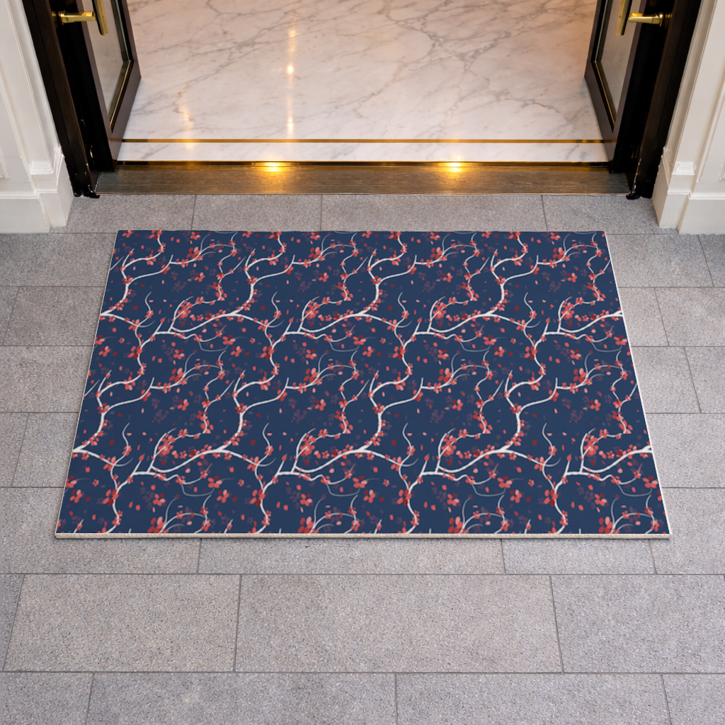 Red Floral Branch Pattern on Navy Background Doormat