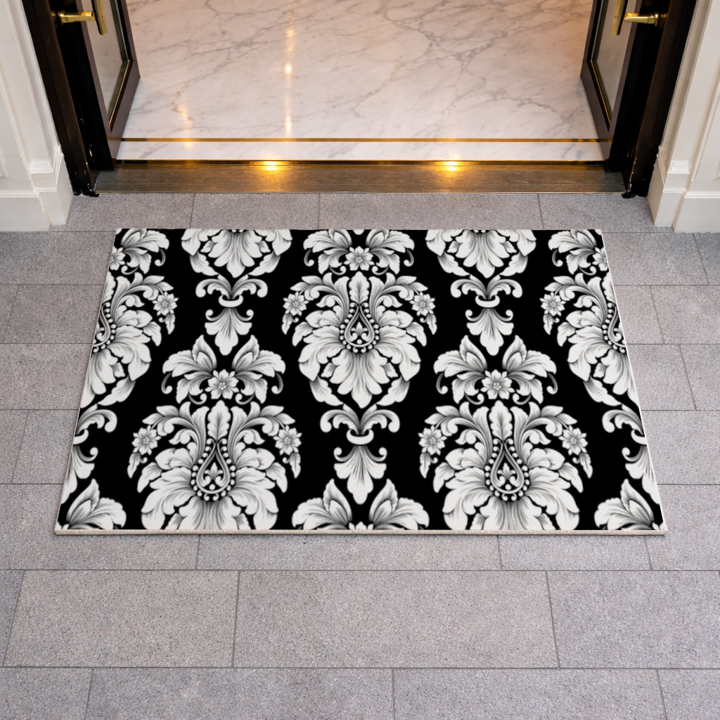 Black and White Baroque Floral Pattern Doormat