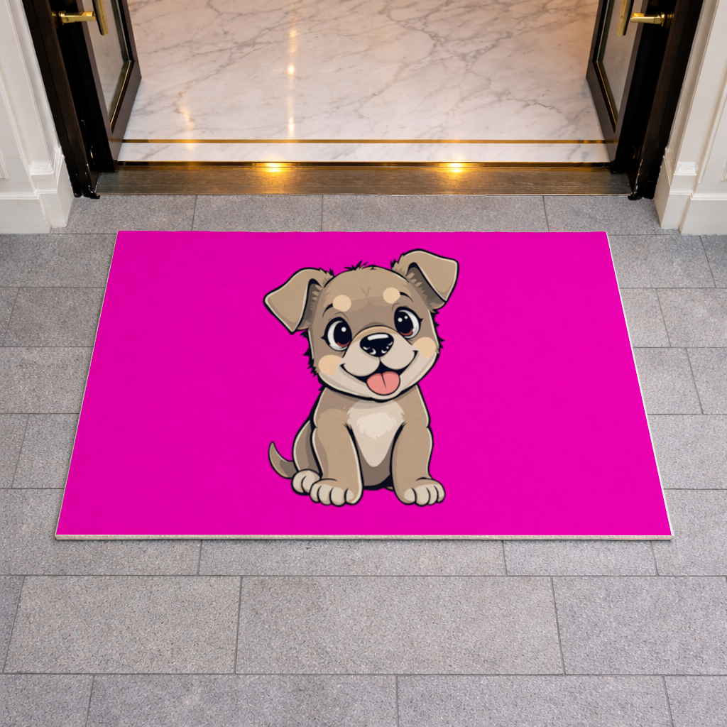 Pembe Arka Planlı Sevimli Köpek Çizimi Kapı Önü Paspası