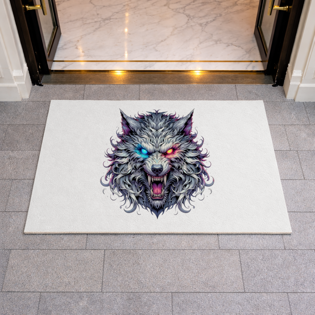 Fierce Wolf Head Illustration Heterochromia Eyes, Savage Wolf Doormat
