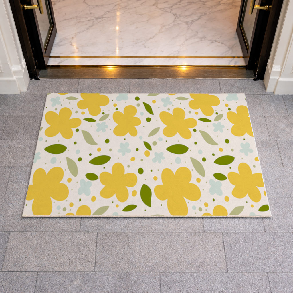 Sarı Çiçekli ve Yapraklı Boho Tarzı Dikişsiz Desen Kapı Önü Paspası