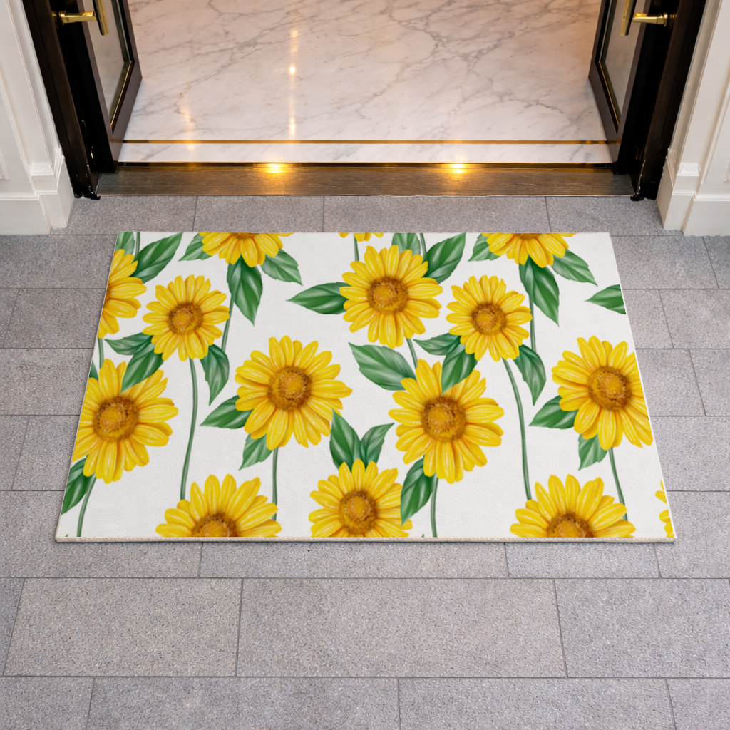 Vibrant Yellow Sunflower and Green Leaf Pattern Illustration Doormat