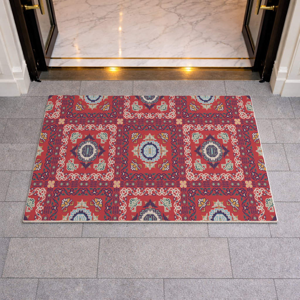Traditional Kilim Inspired Red Ethnic Geometric Pattern Doormat