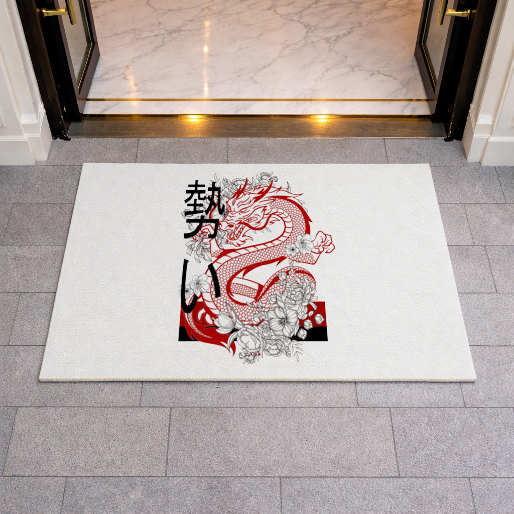 Japon Ejderhası ve Çiçek Deseni Kapı Önü Paspası
