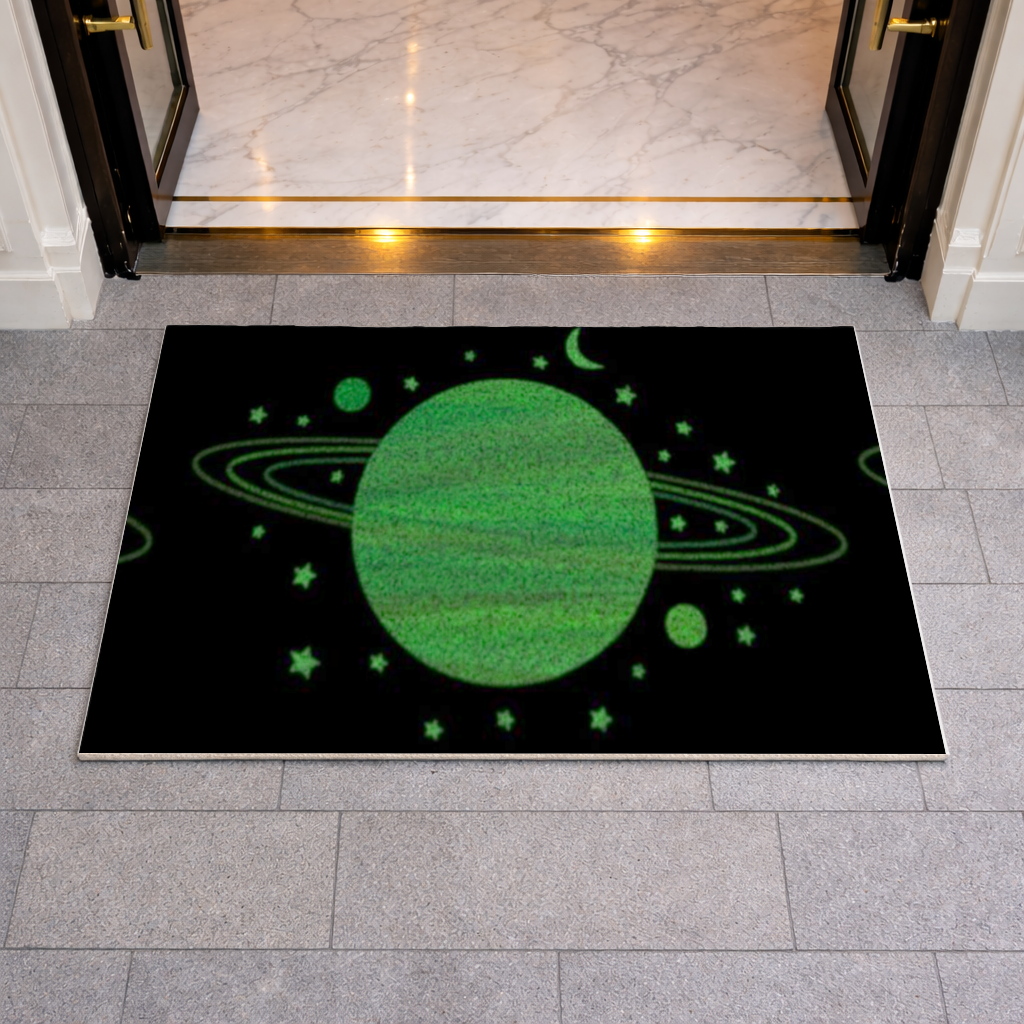 Green planets on a black background. Doormat