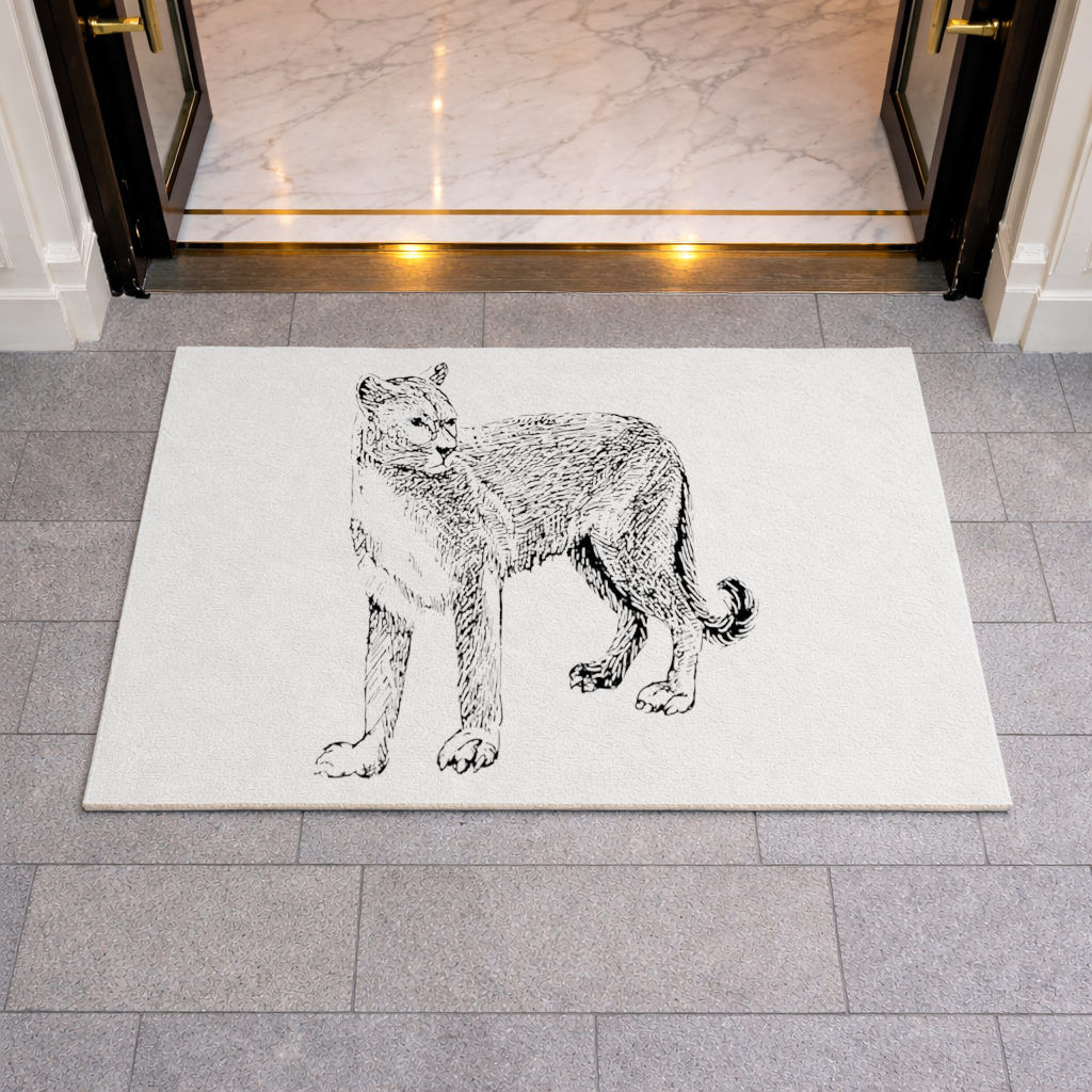 Black and White Wild Cat Sketch Illustration Doormat