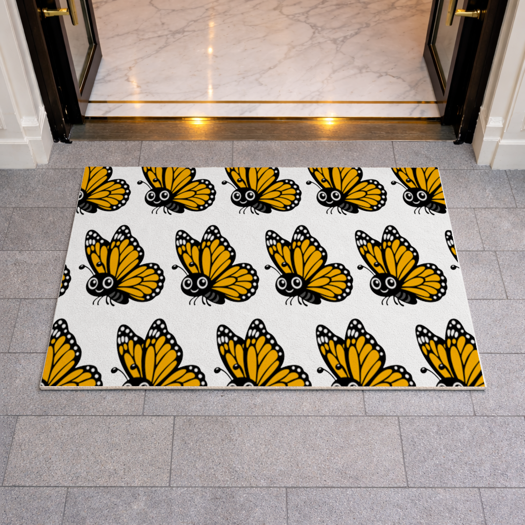 Smiling Orange Monarch Butterfly Character Doormat