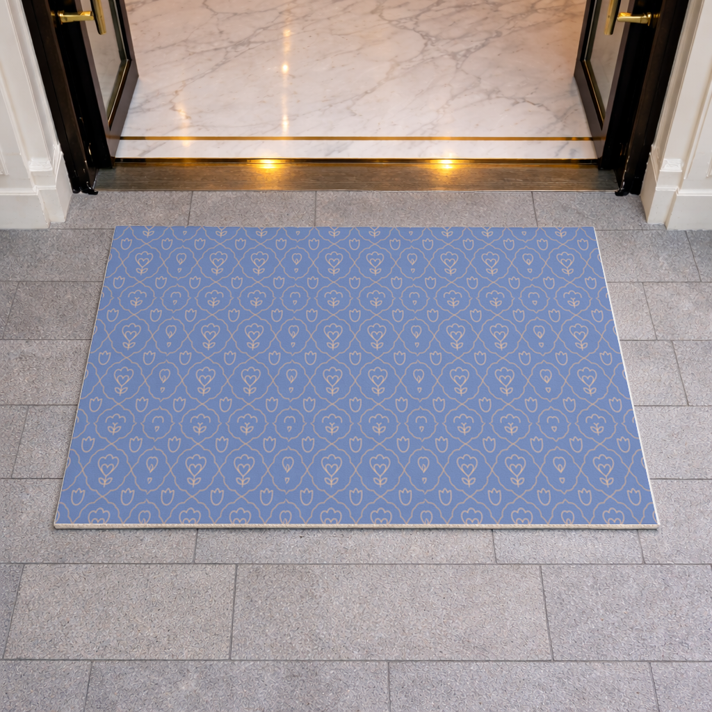 Orange Linear Floral Pattern on Blue Doormat