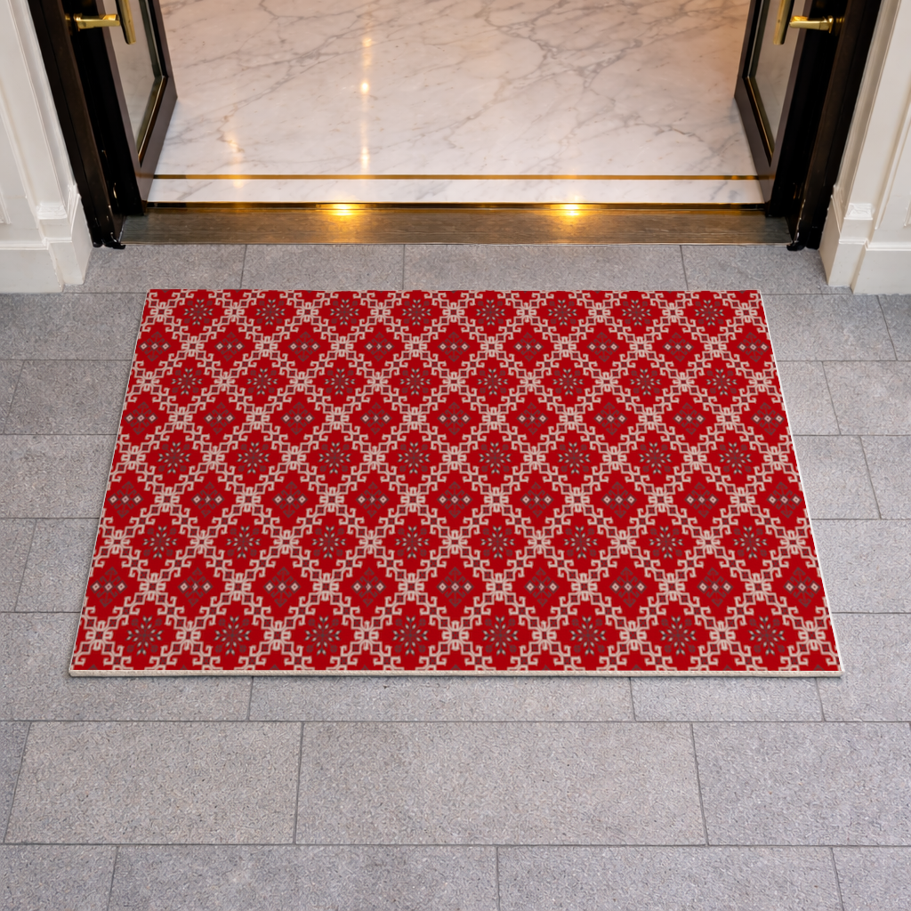 Kırmızı Etnik Nakış Deseni Kapı Önü Paspası