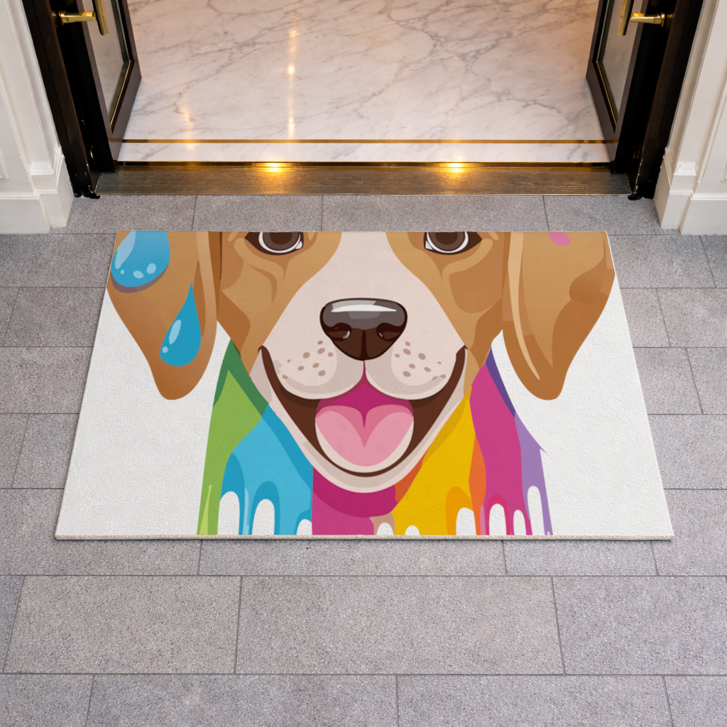 Happy Dog with Colorful Paint Drips Doormat