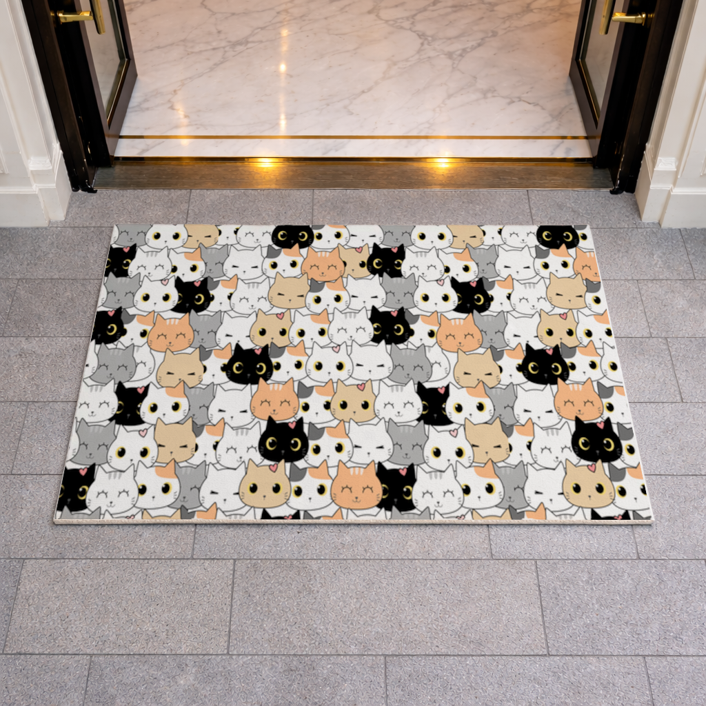 Colorful Cute Cat Faces Seamless Pattern Doormat