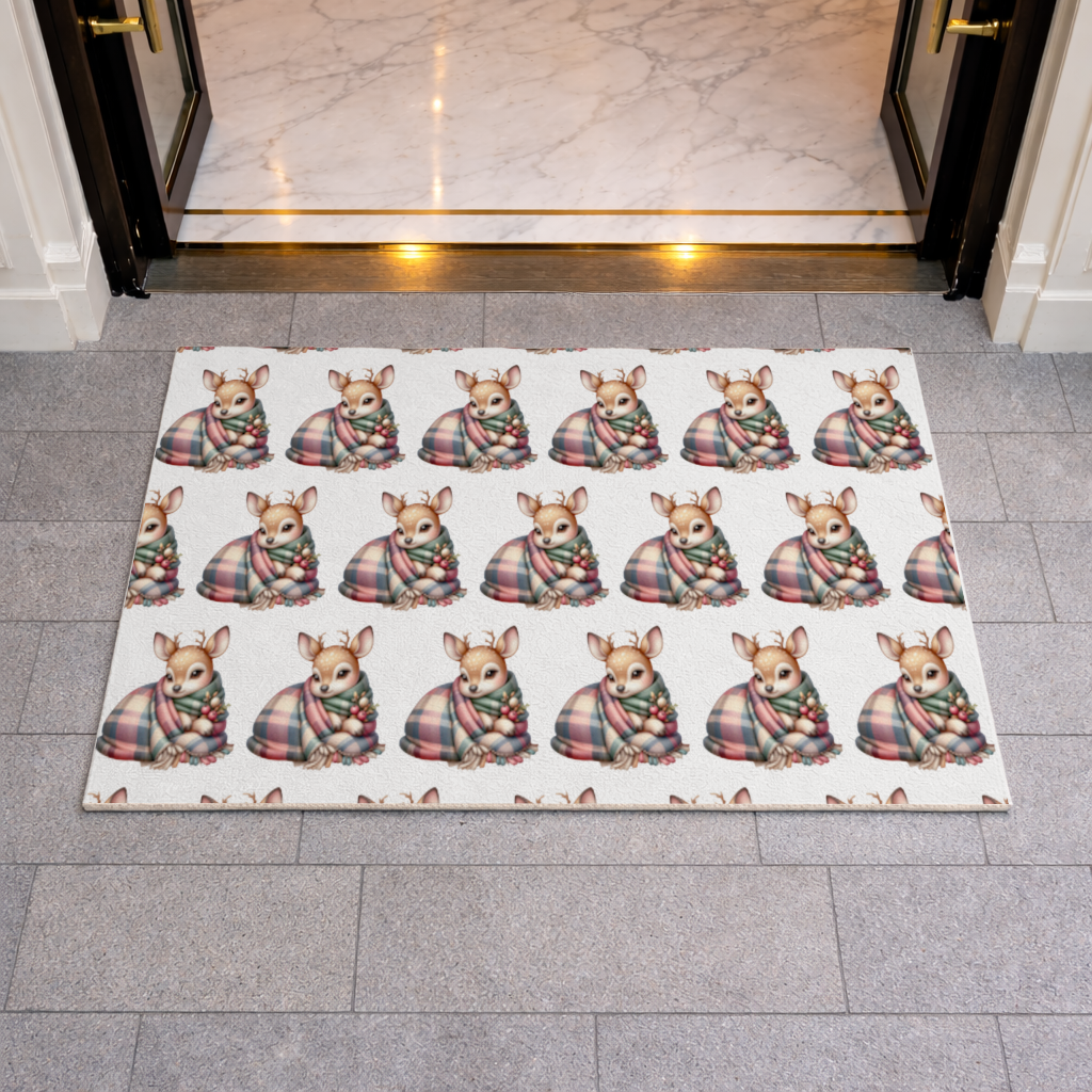 Kawaii Baby Deer with Plaid Scarf Doormat