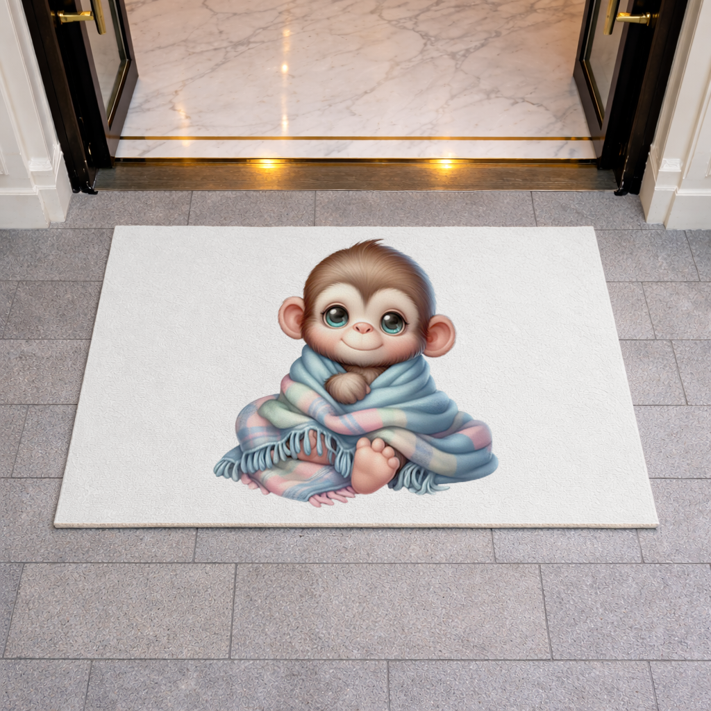 Cute Baby Monkey Wrapped in Blanket Doormat