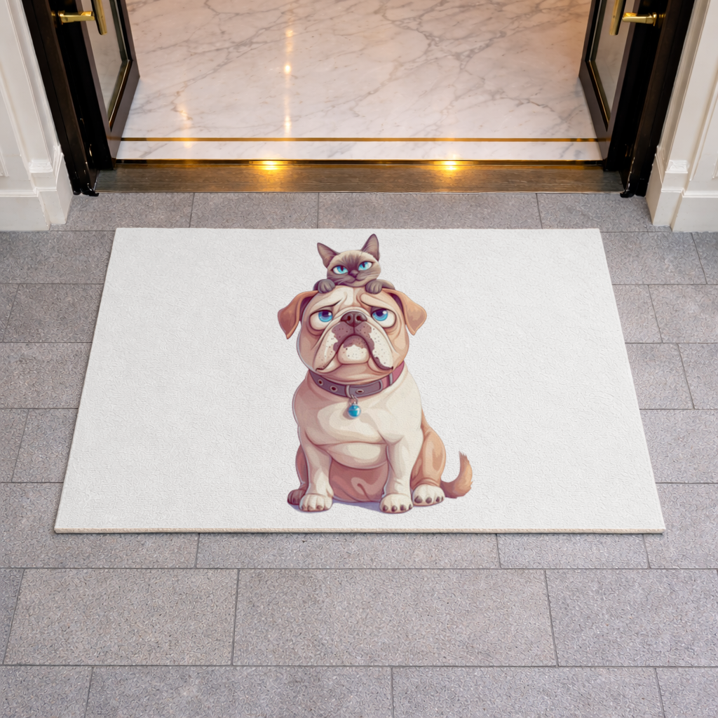 Sad Pug with Siamese Cat on Head Doormat
