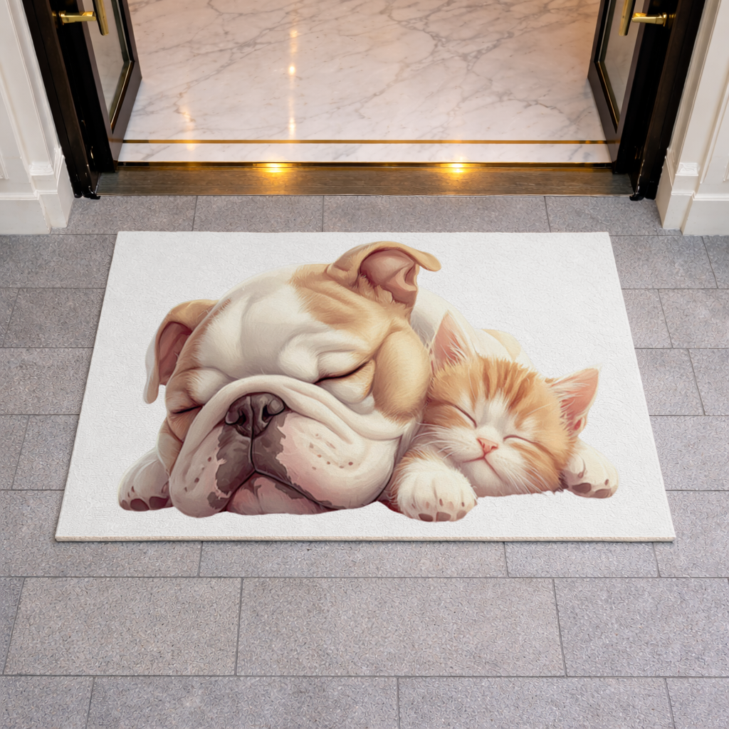 Sleeping Bulldog and Ginger Kitten Doormat