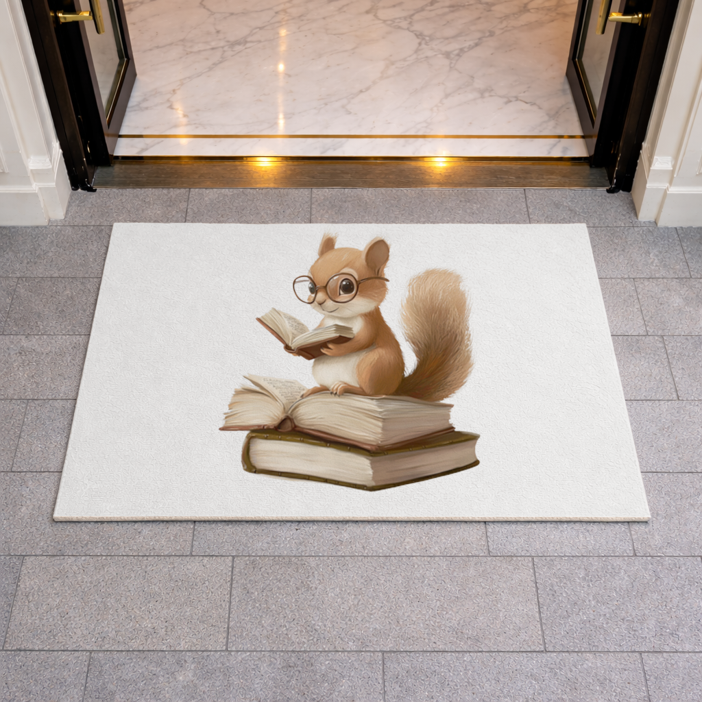 Scholarly Squirrel Reading on Book Stack Doormat