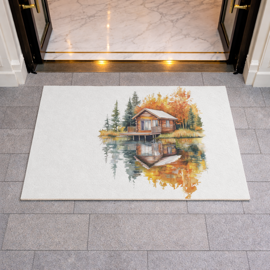 Lakeside Log Cabin Autumn Landscape Doormat