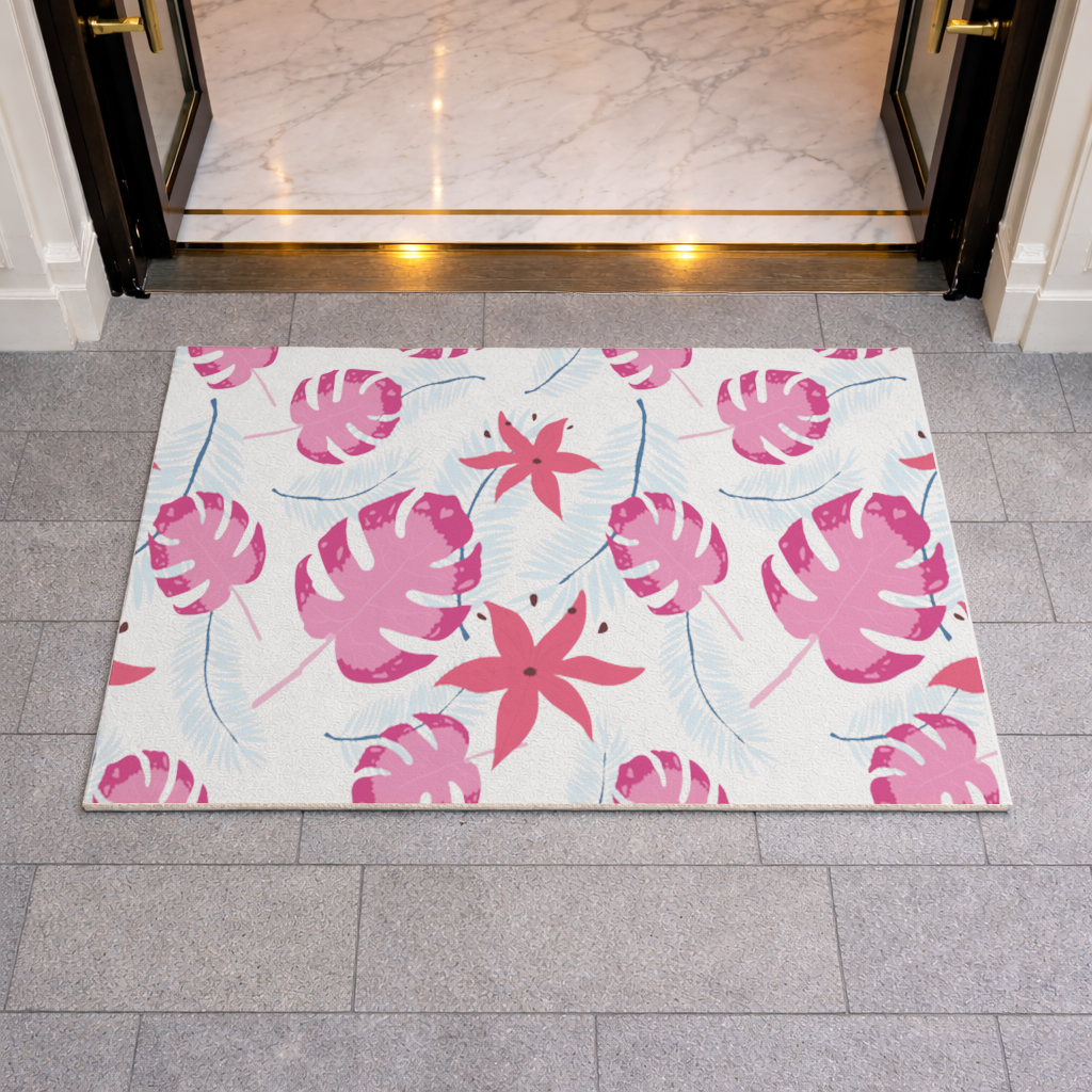 Pembe Monstera ve Tropikal Lilyum Kapı Önü Paspası