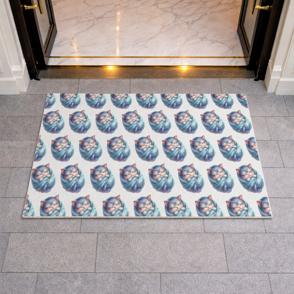 Kawaii Sleeping Kitten in Blue Swaddle Doormat