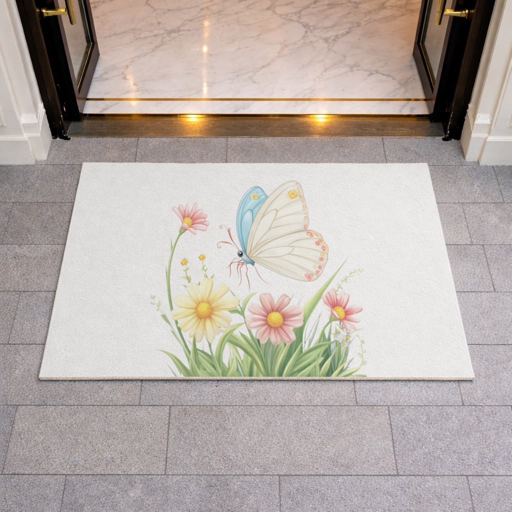 Pastel Kelebek ve Kır Çiçekleri Bahçesi Kapı Önü Paspası