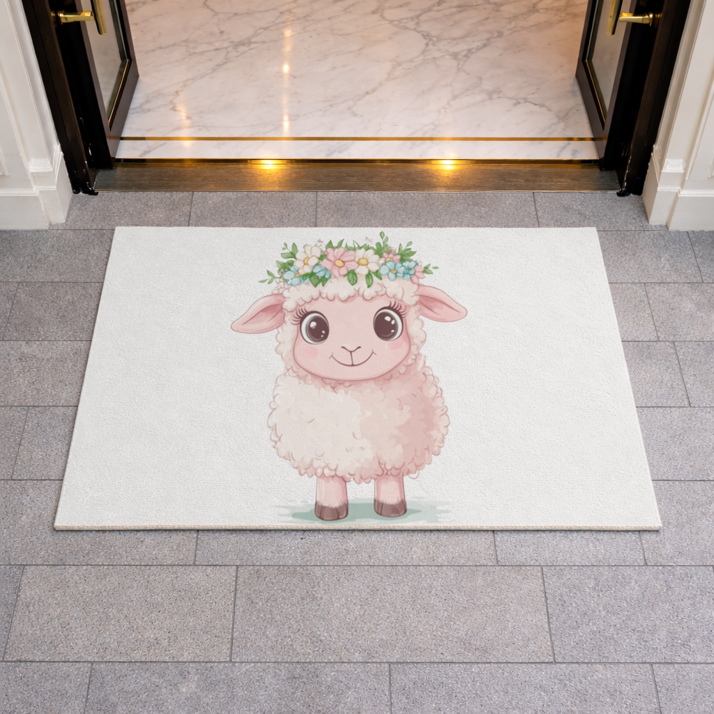 Kawaii Çiçek Taçlı Pembe Kuzu Kapı Önü Paspası