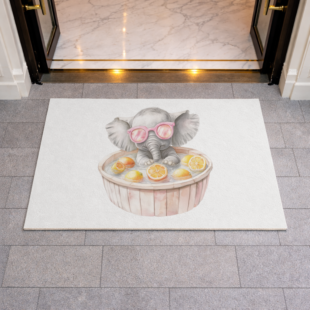Pembe Gözlüklü Bebek Fil ve Narenciye Banyosu Kapı Önü Paspası
