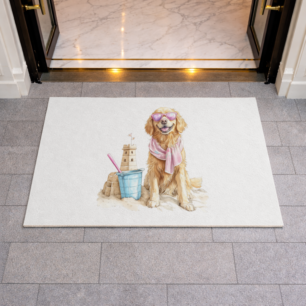 Plajda Pembe Gözlüklü Golden Retriever Kapı Önü Paspası