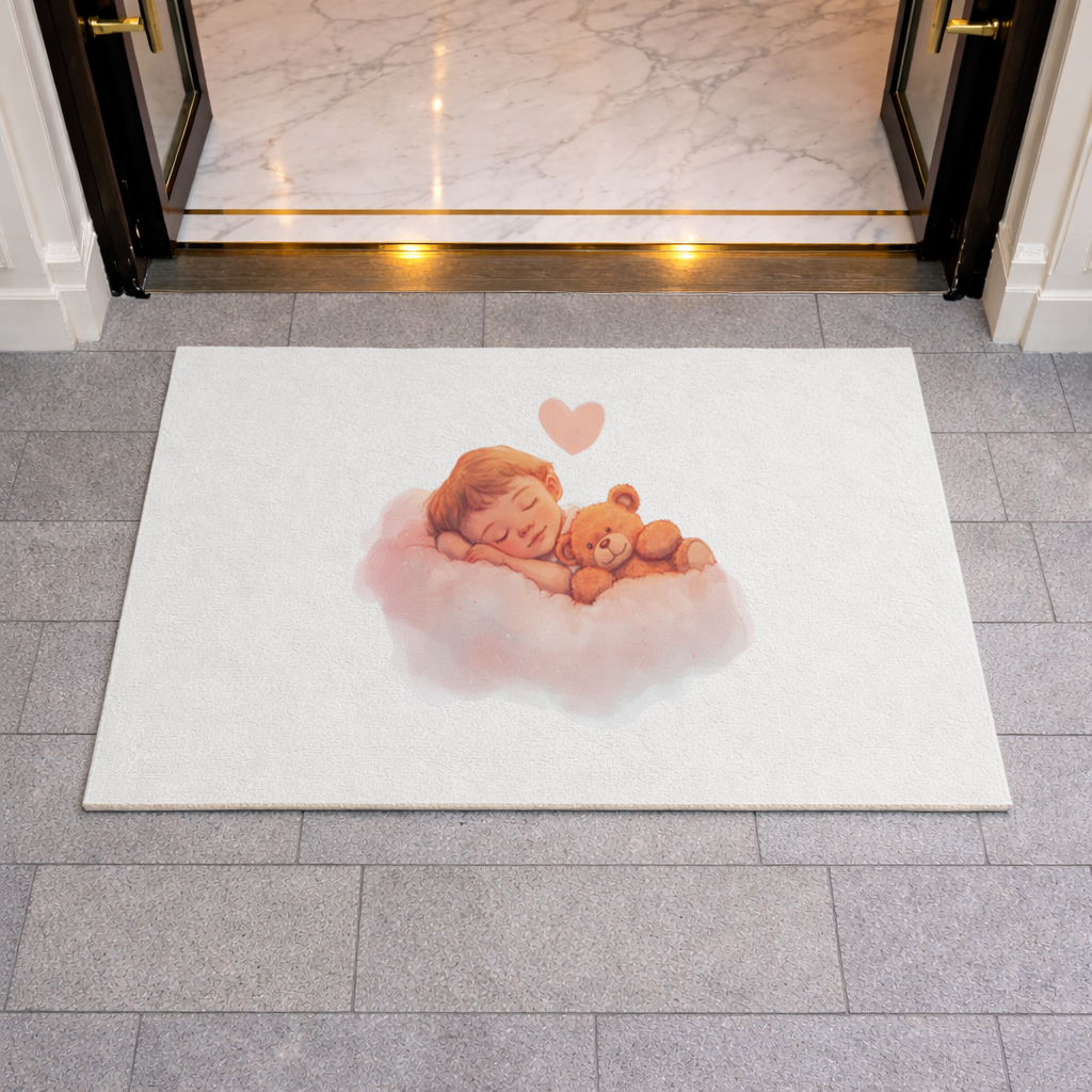 Bulut Üstünde Uyuyan Bebek ve Ayıcık Kapı Önü Paspası