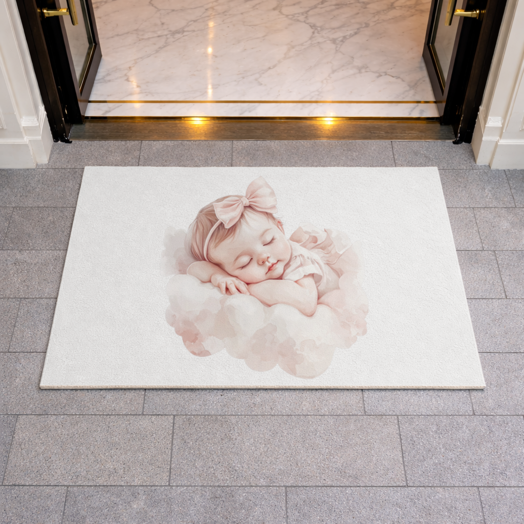 Pembe Kurdeleli Uyuyan Kız Bebek Kapı Önü Paspası