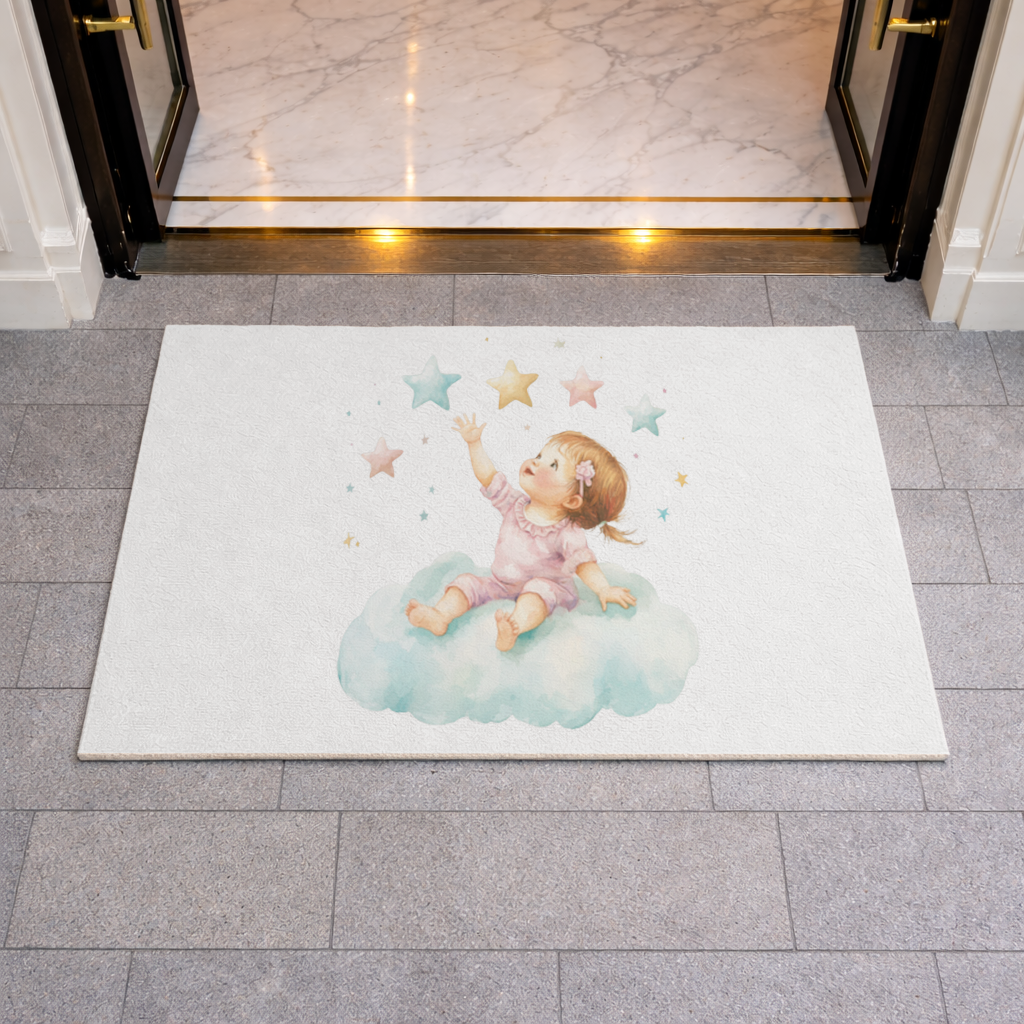 Baby Girl Reaching for Stars on a Cloud Doormat