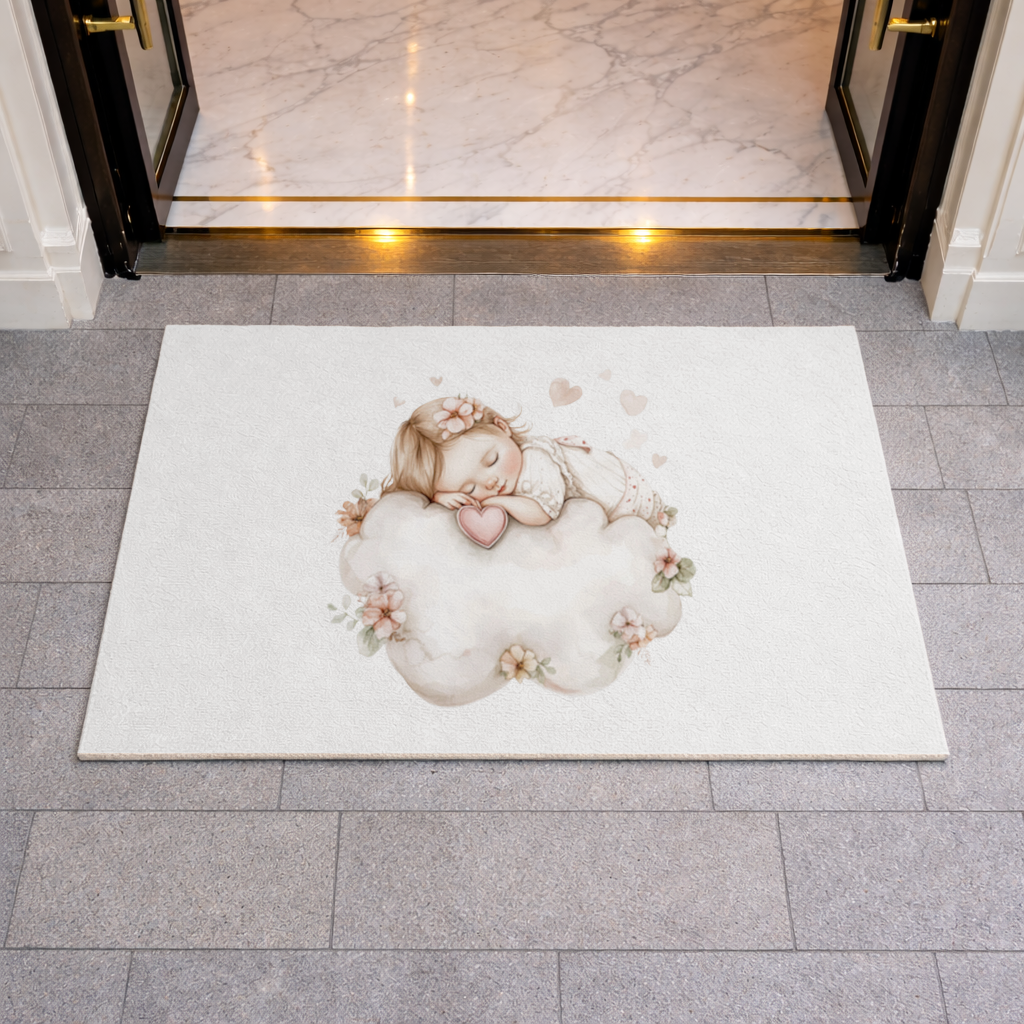 Bulut Üstünde Uyuyan Çiçekli Bebek Kapı Önü Paspası