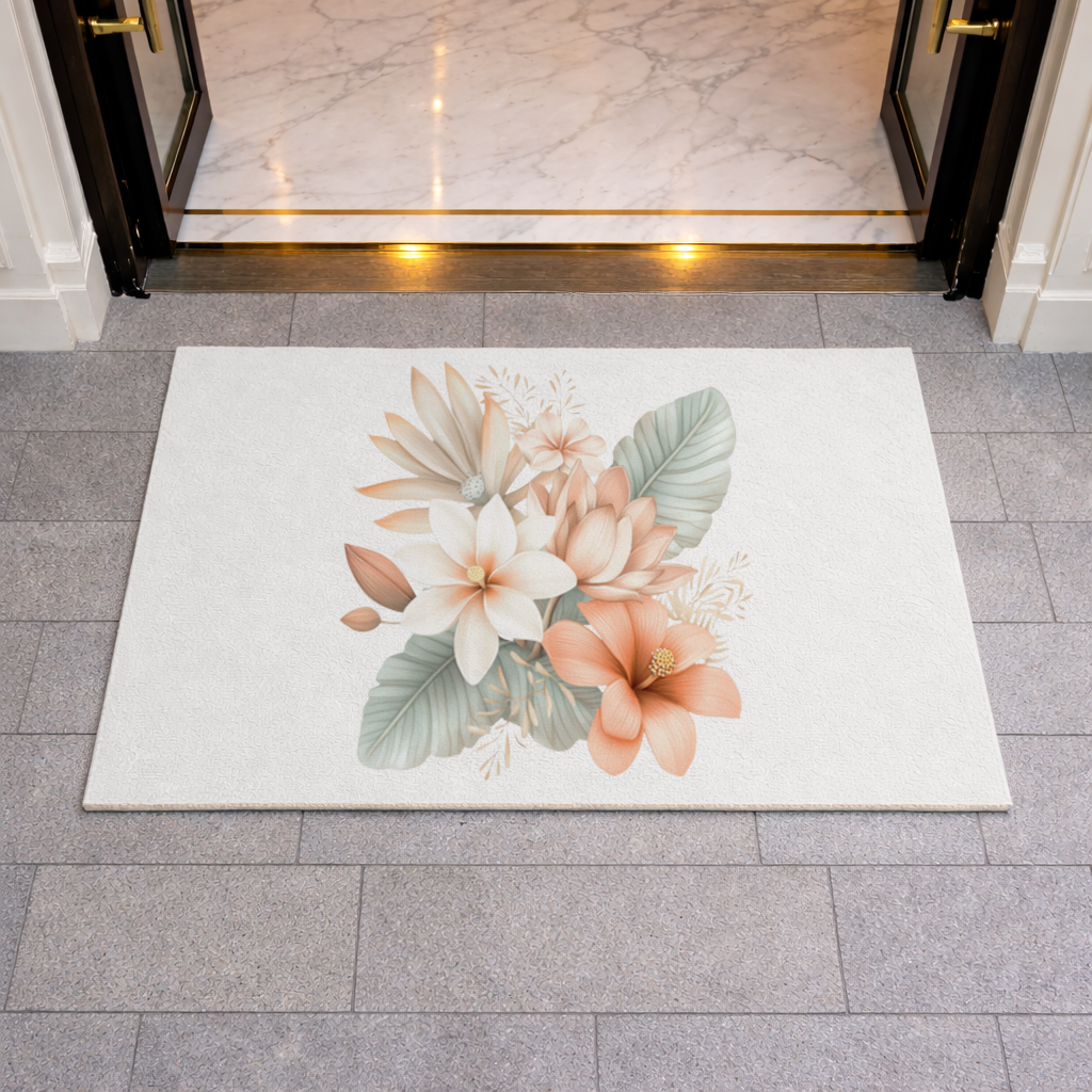 Şeftali Tonlu Tropikal Çiçek Buketi Kapı Önü Paspası