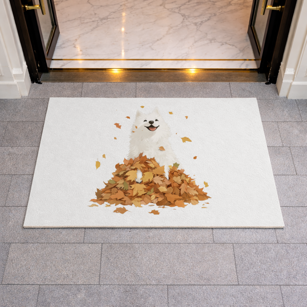 Mutlu Beyaz Köpek ve Sonbahar Yaprakları Kapı Önü Paspası