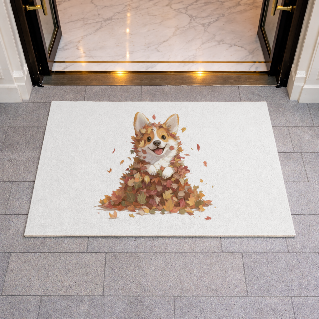 Sonbahar Yaprakları İçinde Mutlu Corgi Kapı Önü Paspası