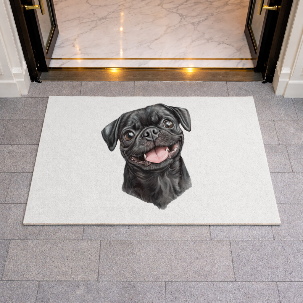 Gülümseyen Siyah Pug Köpek Kapı Önü Paspası