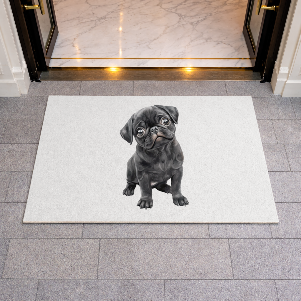 Masum Bakışlı Siyah Pug Yavrusu Kapı Önü Paspası