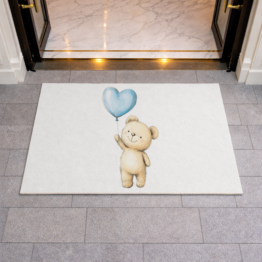 Cute Teddy Bear with Blue Heart Balloon Doormat