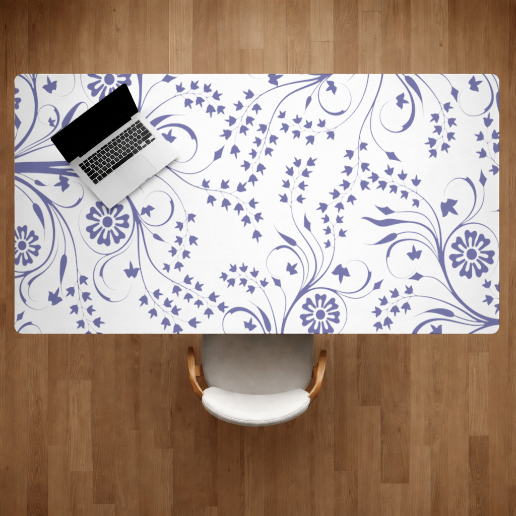 Blue White Vintage Floral Pattern Desk Pad